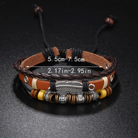 Punk Mehrschichtiges Leder Feder Anhänger Armband Für Herren Verstellbarer Retro Perlen Armreif Bohemian Vintage Handgelenk Schmuck