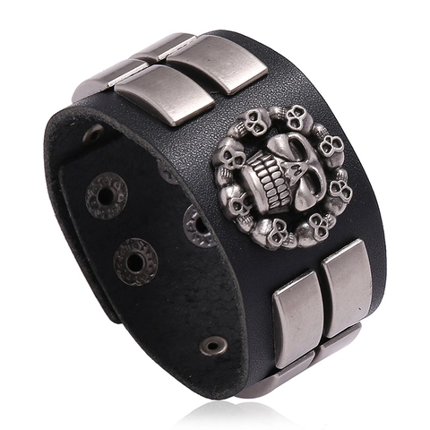 Bracciale da Uomo in Pelle di Vacca Punk con Teschio Vintage Rock Biker Bangle con Rivetti in Lega Argento Antico Gioielli