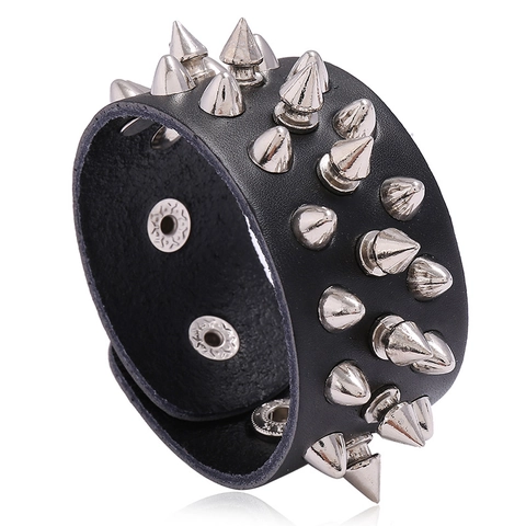 Bracciale Punk in Pelle di Vacchetta per Uomo Triple File Rivetti Argento Borchie Ampio Bangle Gothic Rock Cinturino Regolabile