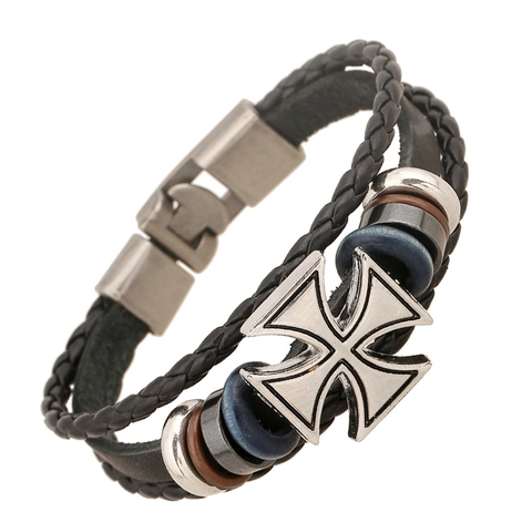 Bracciale Vintage Punk Multistrato in Pelle di Vacchetta Intrecciata Uomo Donna Ciondolo Croce di Ferro Retro Lega Gioielli Bracciale Perline