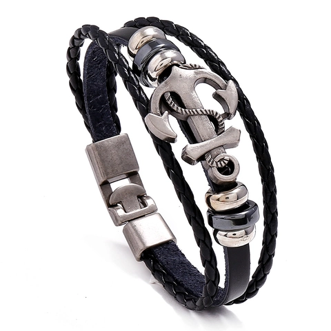 Vintage Multi-layer Braided Leather Anchor Bracelet For Men Women Nautical Style Retro Alloy Wrap Wristband Jewelry
