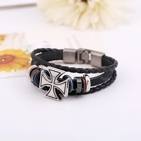 Bracciale Vintage Punk Multistrato in Pelle di Vacchetta Intrecciata Uomo Donna Ciondolo Croce di Ferro Retro Lega Gioielli Bracciale Perline