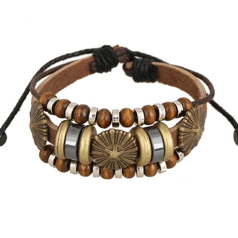 Pulsera de Cuentas de Cuero de Vaca Genuino de Múltiples Capas Vintage para Hombre Mujer Estrella Punk Cuentas de Madera Joyería Ajustable