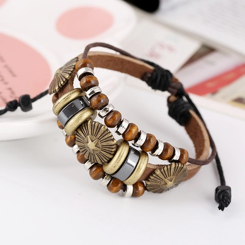 Pulsera de Cuentas de Cuero de Vaca Genuino de Múltiples Capas Vintage para Hombre Mujer Estrella Punk Cuentas de Madera Joyería Ajustable