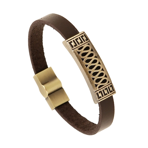 Bracciale in Pelle di Vacchetta Vintage Punk per Uomo Lega di Rame Antico Motivo Geometrico Chiusura Magnetica Gioielli Regalo