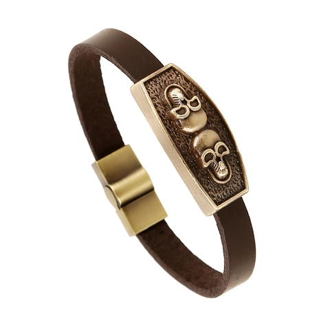 Pulsera Punk Calavera para Hombre Vintage Marrón Cuero de Vaca Aleación Cierre Magnético Tejido Trenzado Goth Rock Biker Joyería Regalo
