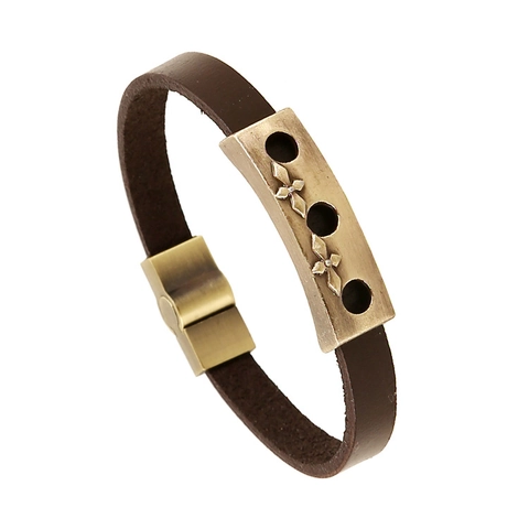Pulsera de Cuero Genuino Vintage para Hombre Cruz de Aleación de Bronce Cierre Magnético Estilo Punk Joyería de Muñeca