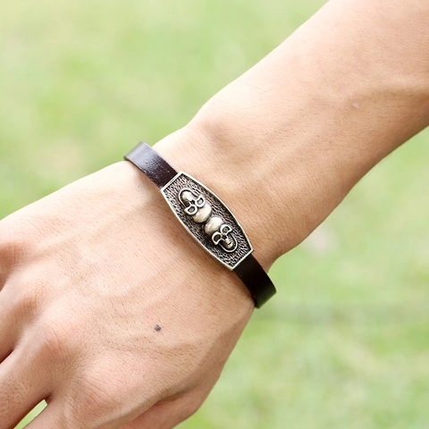 Pulsera Punk Calavera para Hombre Vintage Marrón Cuero de Vaca Aleación Cierre Magnético Tejido Trenzado Goth Rock Biker Joyería Regalo