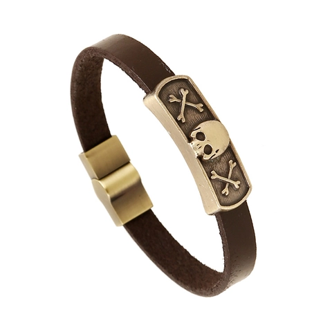 Bracciale in Pelle da Uomo Vintage Retro Punk Con Pendente Teschio in Lega di Bronzo Antico Chiusura Magnetica Gioielli Rock Gotici