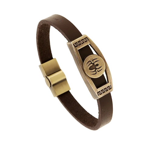 Pulsera de Cuero Punk Retro para Hombres Mujeres Patrón de Araña Greca Aleación de Bronce Cierre Magnético Hecho a Mano