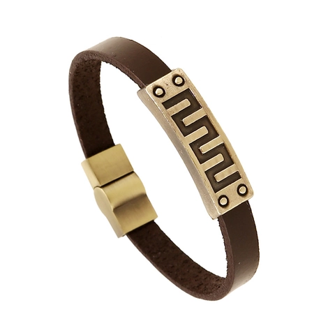 Pulsera de Cuero con Patrón de Meandro Geométrico Vintage para Hombres Mujeres Aleación Cierre Magnético Estilo Punk Retro Joyería Biker
