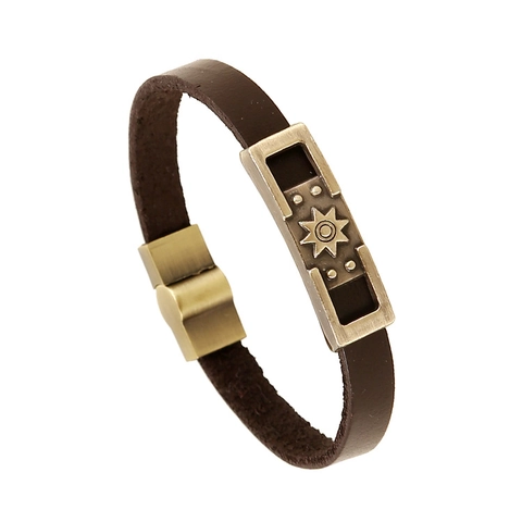 Men's Retro Leather Bracelet With Alloy Sun Pattern Charm Vintage Punk Magnetic Clasp Cuff Bangle Handmade Jewelry Gift