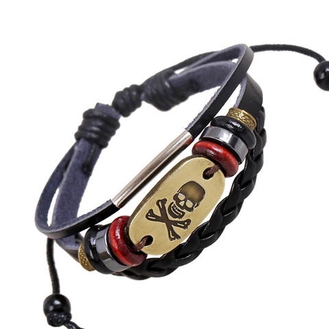 Punk Retro Skull Multi-layer Braided Cowhide Leather Bracelet For Men Women Antique Bronze Alloy Gothic Rock Charm Bracelet