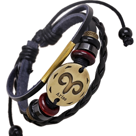 Punk Widder Sternzeichen Rindleder Geflochtenes Armband Für Herren Damen Vintage Bronze Legierung Holzperlen Verstellbarer Armreif Schmuck