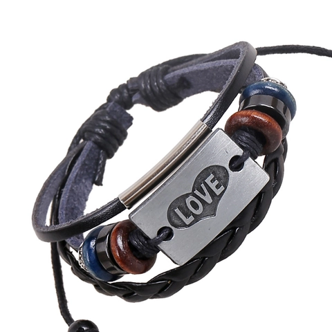 Pulsera de Cuero de Vaca Retro Punk para Hombres Mujeres Hecha a Mano Cordón Tejido Aleación LOVE Corazón Amuleto Cuentas Joyería