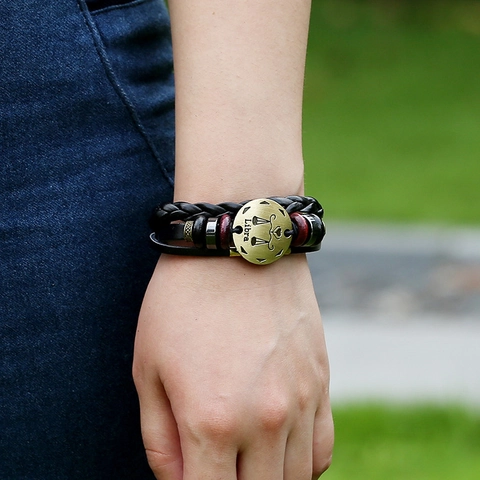 Handmade Multilayer Braided Cowhide Leather Libra Zodiac Bracelet Vintage Punk Style Adjustable Wood Beaded Charm Bracelet