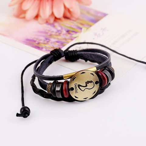 Vintage Herren Zwillinge Sternzeichen Mehrlagiges Lederarmband Handgefertigt Legierung Holzperlen Punk Geflochtenes Armband