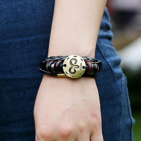 Punk Widder Sternzeichen Rindleder Geflochtenes Armband Für Herren Damen Vintage Bronze Legierung Holzperlen Verstellbarer Armreif Schmuck