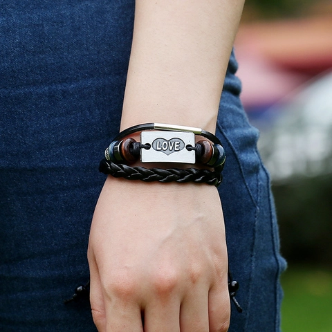Pulsera de Cuero de Vaca Retro Punk para Hombres Mujeres Hecha a Mano Cordón Tejido Aleación LOVE Corazón Amuleto Cuentas Joyería