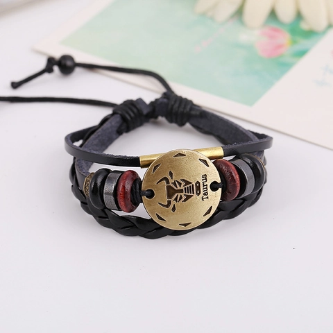 Bracciale Vintage in Pelle di Vacchetta Intrecciata Multistrato Zodiaco Toro per Uomo Donna Punk Lega Perline di Legno Gioielli Regolabili