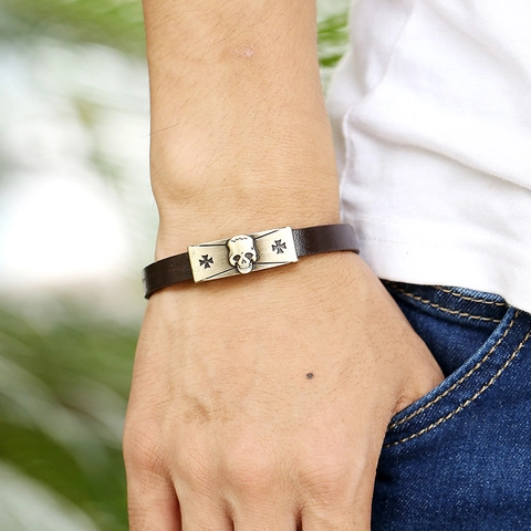 Vintage Punk Rindsleder Totenkopf Kreuz Armband Für Herren Damen Legierung Skelett Charm Gothic Schmuck Geschenk
