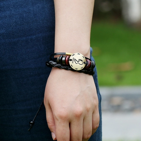 Vintage Leo Constellation Handwoven Leather Bracelet For Men Multilayer Punk Lion Head Wood Beads Adjustable Jewelry Gift