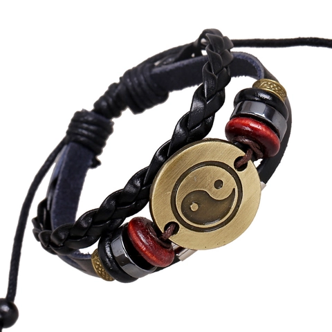 Vintage Punk Cowhide Leather Braided Bracelet For Unisex Alloy Yin Yang Tai Chi Pendant Multi-layer Beaded Wood Wristband