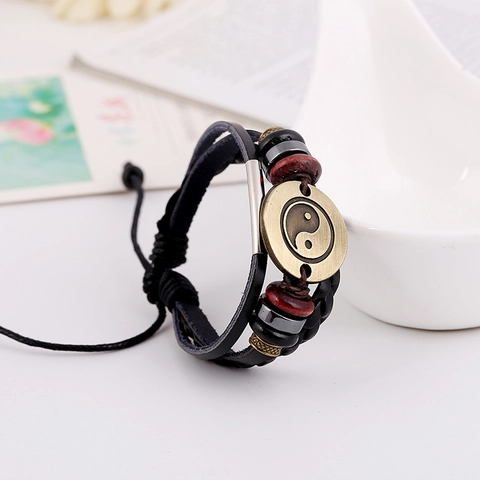 Vintage Punk Cowhide Leather Braided Bracelet For Unisex Alloy Yin Yang Tai Chi Pendant Multi-layer Beaded Wood Wristband