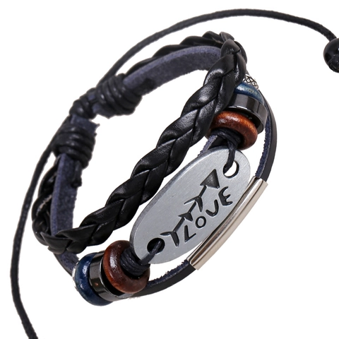 Vintage Punk Multi-Layer Braided Leather Bracelet For Men Women Alloy LOVE Letter Charm Wood Bead Adjustable Wristband Jewelry
