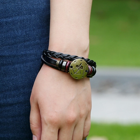 Bracciale in Pelle Multistrato Segno Zodiacale Sagittario Vintage Retro Punk Lega Intrecciata Perline in Legno Regolabile Braccialetto Uomo Donna
