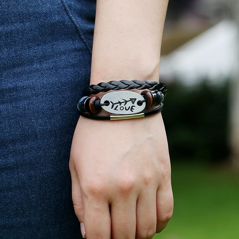 Vintage Punk Multi-Layer Braided Leather Bracelet For Men Women Alloy LOVE Letter Charm Wood Bead Adjustable Wristband Jewelry