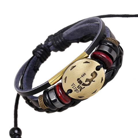 Pulsera Punk Retro de Aleación de Bronce y Cuero con Cuentas Amuleto de Constelación de Virgo Cuero Trenzado Joyería Regalo