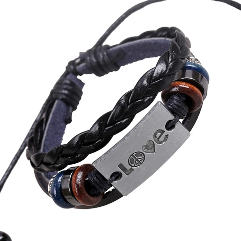 Bracciale Intrecciato in Pelle di Vacchetta Vintage Punk per Uomo Donna Piastra LOVE in Lega Simbolo della Pace Cuore Braccialetto