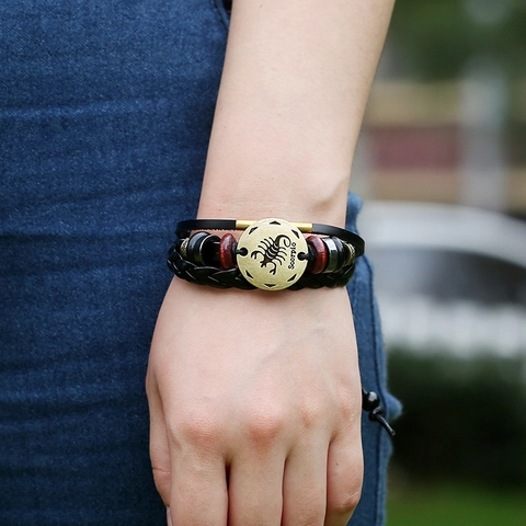 Pulsera de Cuero Multicapa Punk Escorpio Zodiaco Retro Trenzado Cuero de Vaca Aleación Cuentas Ajustable Pulsera para Hombre Mujer Joyería
