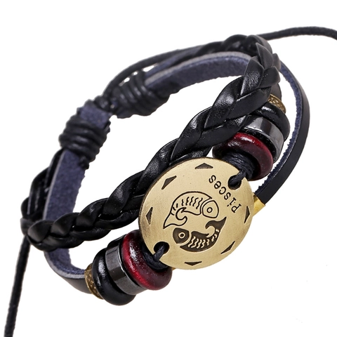 Pulsera Vintage Punk Piscis Trenzada de Varias Capas de Cuero Genuino Hombre Mujer Colgante de Aleación de Bronce Joyería