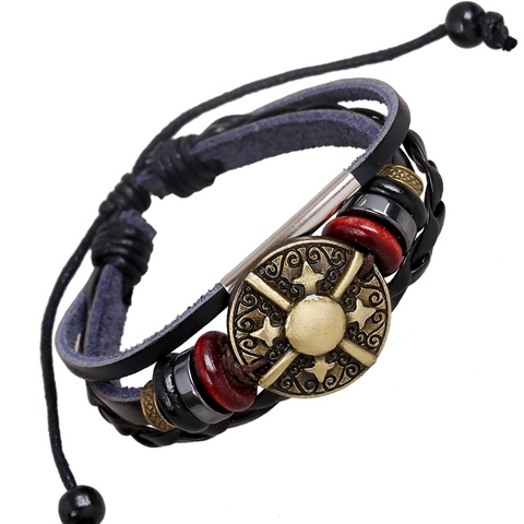 Bracciale Multistrato in Pelle di Vacchetta Retro Punk Regolabile Ciondolo Bussola Stella Lega Bronzo Gioielli Boho Uomo Donna