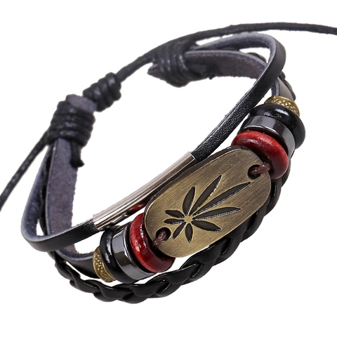 Bracciale Intrecciato in Pelle Retro Punk Pendente a Foglia d'Acero in Bronzo Multistrato in Legno Regolabile Gioielli di Moda