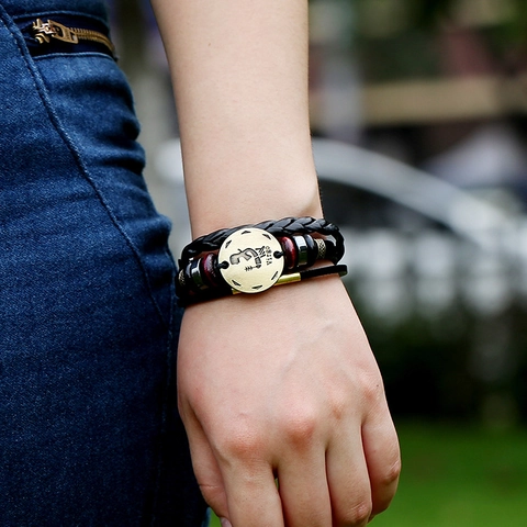 Pulsera Punk Retro de Aleación de Bronce y Cuero con Cuentas Amuleto de Constelación de Virgo Cuero Trenzado Joyería Regalo