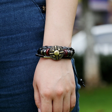 Bracciale Multistrato in Pelle di Vacchetta Retro Punk Regolabile Ciondolo Bussola Stella Lega Bronzo Gioielli Boho Uomo Donna