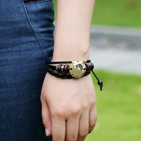 Pulsera Vintage Punk Piscis Trenzada de Varias Capas de Cuero Genuino Hombre Mujer Colgante de Aleación de Bronce Joyería