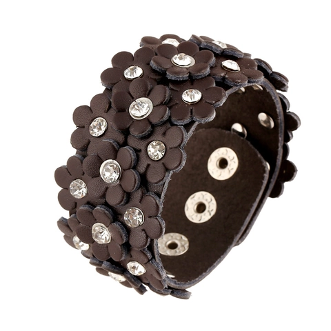 Pulsera Vintage de Cuero de Vaca con Flores para Mujer Hecha a Mano Punk con Diamantes de Imitación Pulsera Ajustable Joyería