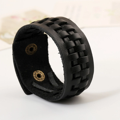 Pulsera de Cuero de Vaca Trenzado Vintage para Hombre Punk Minimalista Brazalete Ancho Con Hebilla de Aleación Joyería Regalo