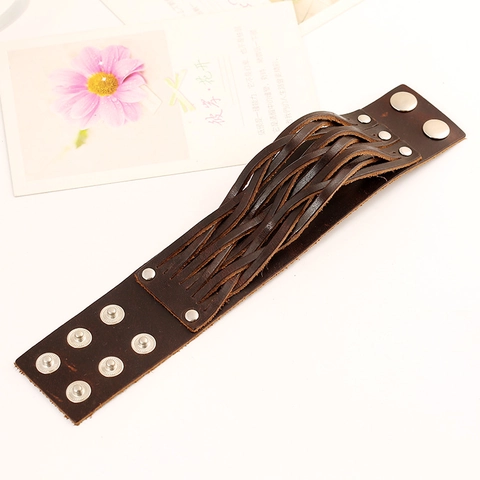 Vintage Punk Breit Geflochtenes Lederarmband Herren Damen Retro Gewebtes Rindsleder Wickelarmreif Verstellbare Metallniete Schmuck