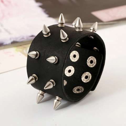 Punk Rock Genuine Leather Bracelet With Silver Cone Rivets Adjustable Metal Studded Wristband For Men Women Jewelry