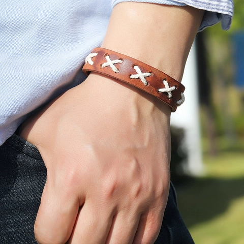 Men Retro Punk Cattle Leather Bracelet Antiqued Woven Handcrafted Adjustable Alloy Buckle Bangle Jewelry Accessory