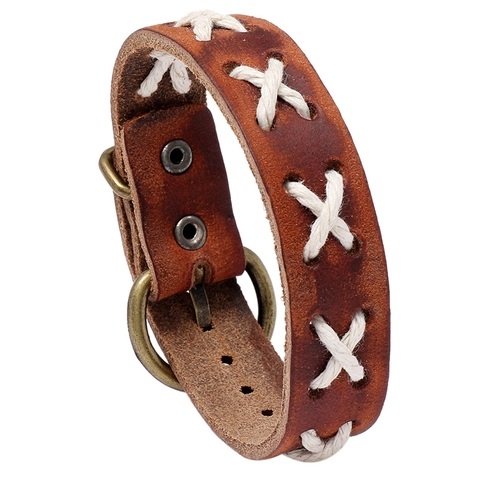 Men Retro Punk Cattle Leather Bracelet Antiqued Woven Handcrafted Adjustable Alloy Buckle Bangle Jewelry Accessory