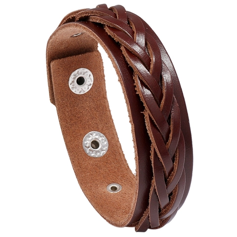 Vintage Mehrlagiges Geflochtenes Lederarmband Unisex Punk Rindsleder Verstellbarer Manschette Metall Druckknopf Schmuck