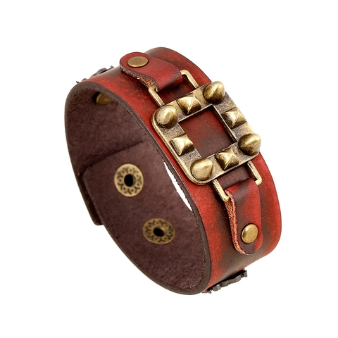 Pulsera Ancha de Cuero de Vaca Genuino Punk Rock Vintage para Hombres Mujeres Aleación de Bronce Antiguo Tachuelas Pirámide