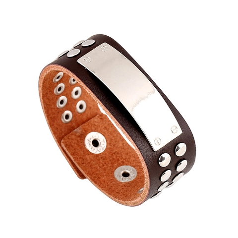 Pulsera de Cuero de Vaca Punk Retro Para Hombres Mujeres Brazalete de Cuero Ancho Con Remaches de Metal Y Placa Rectangular Joyería Ajustable