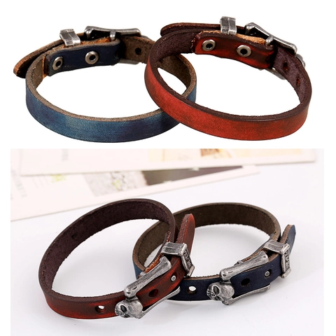 Retro Punk Rindsleder Armband Für Herren Damen Unisex Used-Look Totenkopf Legierung Schnalle Verstellbar Rock Gothic Mode Schmuck Armband